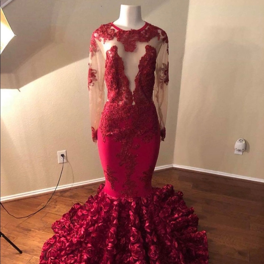Red Lace Sequin, Mermaid Style, Formal Prom Dress